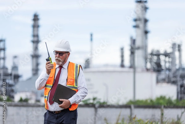 Obraz A senior engineer in a safety vest and helmet uses a walkie-talkie while holding a clipboard at an oil refinery. Industrial towers in the background reflect a high-level site inspection.