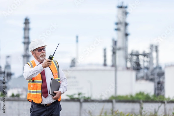 Obraz A senior engineer in a safety vest and helmet uses a walkie-talkie while holding a clipboard at an oil refinery. Industrial towers in the background reflect a high-level site inspection.