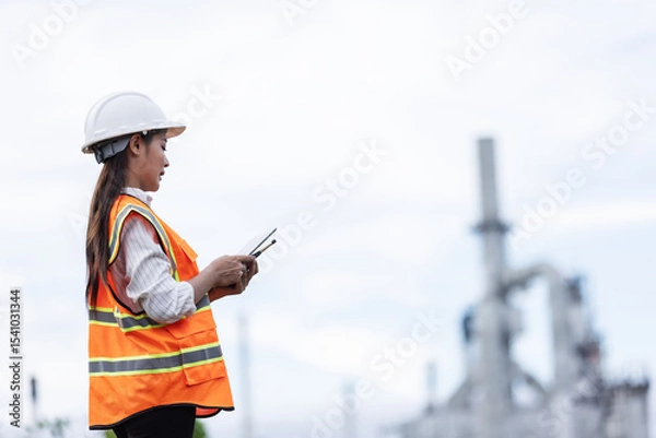 Obraz A female engineer in a safety vest and helmet communicates via walkie-talkie while holding a tablet. She observes operations at an industrial oil refinery site in the background.