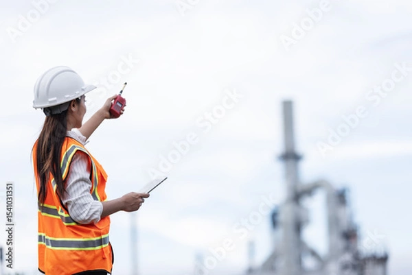 Obraz A female engineer in a safety vest and helmet communicates via walkie-talkie while holding a tablet. She observes operations at an industrial oil refinery site in the background.