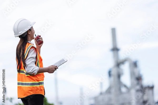 Obraz A female engineer in a safety vest and helmet communicates via walkie-talkie while holding a tablet. She observes operations at an industrial oil refinery site in the background.