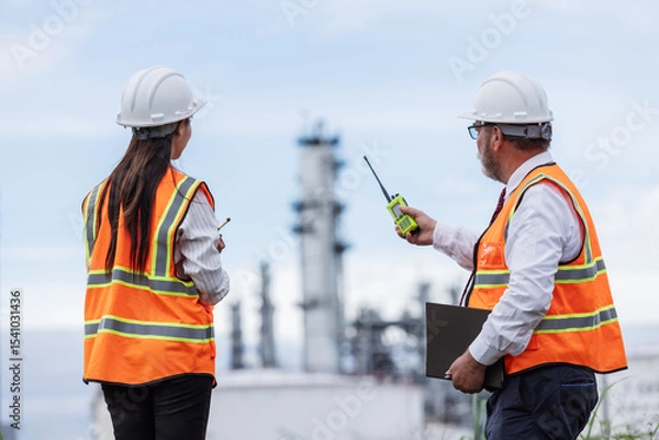 Obraz Two engineers in safety vests and helmets discuss operations at an oil refinery site. One holds a walkie-talkie while the other points toward the facility, emphasizing teamwork and coordination.