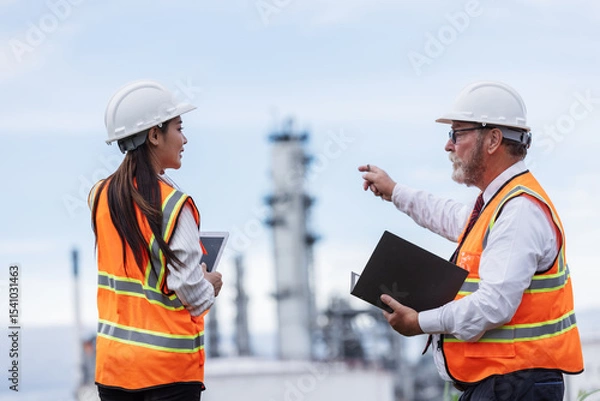 Obraz Two engineers in safety vests and helmets discuss operations at an oil refinery site. One holds a walkie-talkie while the other points toward the facility, emphasizing teamwork and coordination.