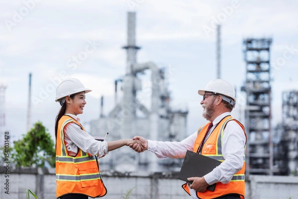 Obraz Two engineers shake hands at an oil refinery site, symbolizing successful collaboration or agreement. Both wear safety gear, with refinery structures visible in the background.