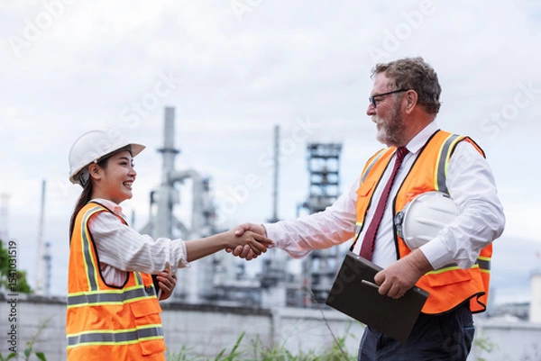 Obraz Two engineers shake hands at an oil refinery site, symbolizing successful collaboration or agreement. Both wear safety gear, with refinery structures visible in the background.
