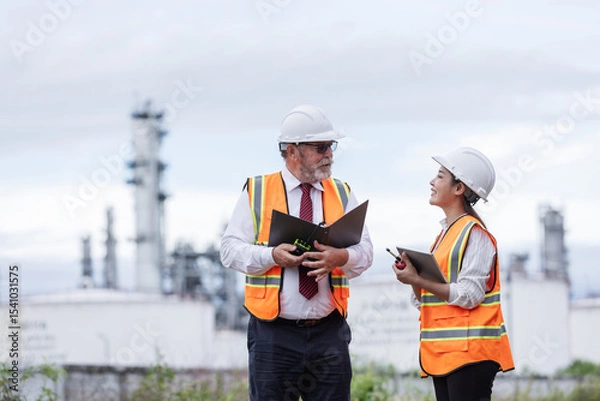Obraz Two engineers in safety vests and helmets discuss work plans at an oil refinery. They hold clipboards and tools, standing near large storage tanks with refinery towers in the background.
