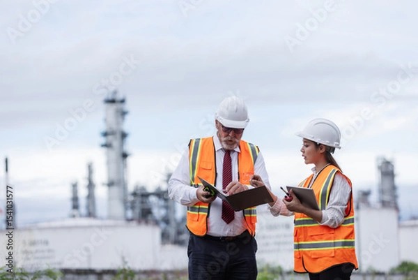 Obraz Two engineers in safety vests and helmets discuss work plans at an oil refinery. They hold clipboards and tools, standing near large storage tanks with refinery towers in the background.