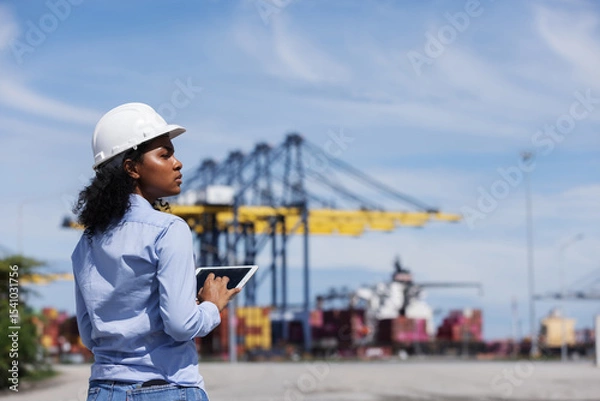 Fototapeta A female engineer in a safety helmet uses a digital tablet while monitoring container logistics at a shipping port. Cranes and trucks in the background show active freight operations.