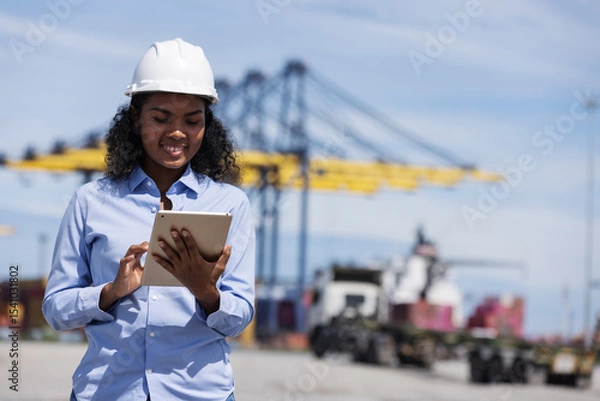 Fototapeta A female engineer in a safety helmet uses a digital tablet while monitoring container logistics at a shipping port. Cranes and trucks in the background show active freight operations.