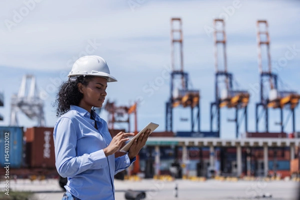 Fototapeta A female manager in a hard hat holds a tablet while supervising logistics operations at a shipping port. Behind her are cargo containers, cranes, and trucks indicating active freight movement.