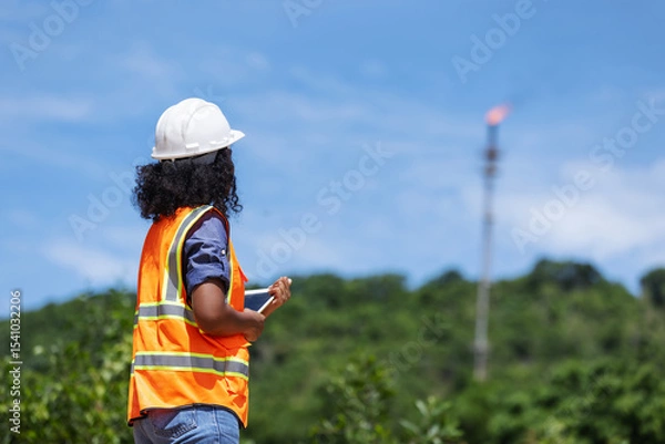Obraz A female environmental engineer in safety gear takes notes outdoors near a forested area with a visible industrial chimney, indicating monitoring or assessment of air pollution impact.