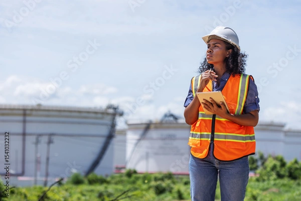 Obraz A female engineer wearing safety gear observes and takes notes near large oil storage tanks. She appears to be conducting an inspection or assessment of the tank facility in an outdoor setting.