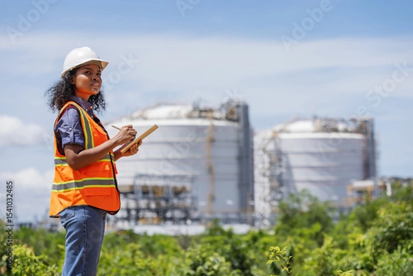 Obraz An environmental engineer conducts a site survey near large industrial storage tanks. Wearing safety gear and holding a tablet, she evaluates environmental impact and infrastructure integrity.