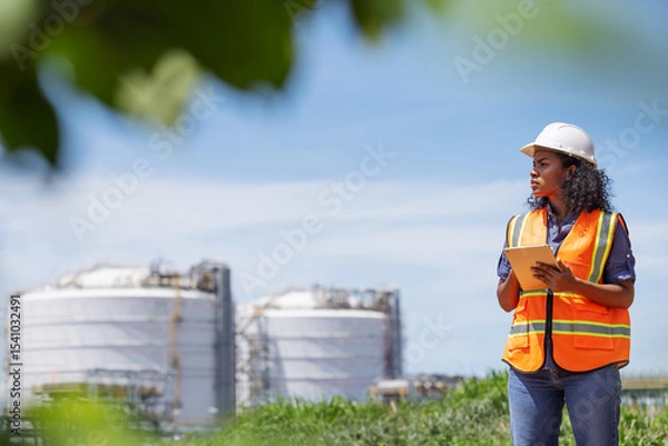 Obraz An environmental engineer wearing safety gear uses a tablet while surveying an oil tank facility surrounded by greenery. The image highlights environmental monitoring near industrial infrastructure.