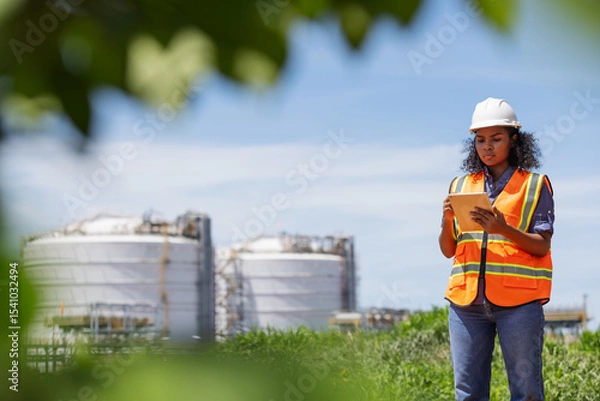 Obraz An environmental engineer wearing safety gear uses a tablet while surveying an oil tank facility surrounded by greenery. The image highlights environmental monitoring near industrial infrastructure.