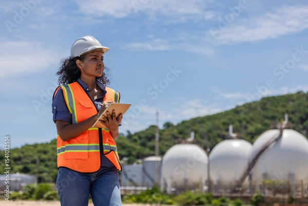 Obraz A female engineer in safety gear surveys a site with large spherical chemical tanks. Holding a tablet, she conducts an inspection or environmental assessment in an industrial storage area.