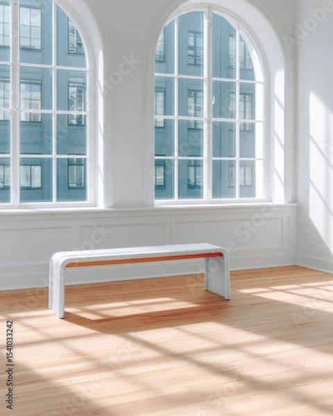 Obraz Modern White Bench in Bright Room with Large Windows