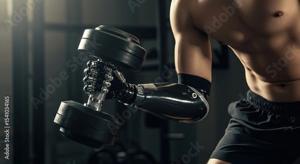 Fototapeta Man with prosthetic arm lifting a dumbbell indoors