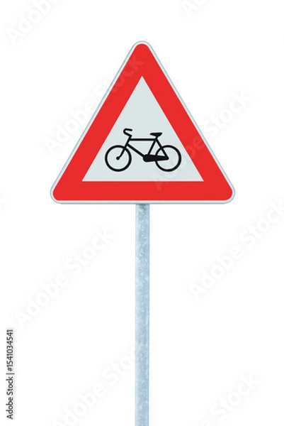 Obraz Cyclists cycle route ahead warning road sign, isolated vertical white triangular dangerous highway traffic lane crossing signage closeup, black bicycle silhouette in red frame, grey metallic pole post