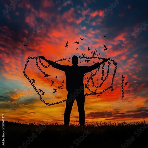 Obraz A silhouette shedding chains under a vibrant sky