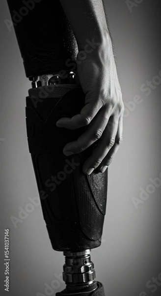 Fototapeta Hand resting on a prosthetic leg in monochrome style