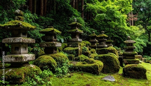 Obraz 苔の付いた古い灯籠のある景色（Scenery with an old moss-covered lantern）
