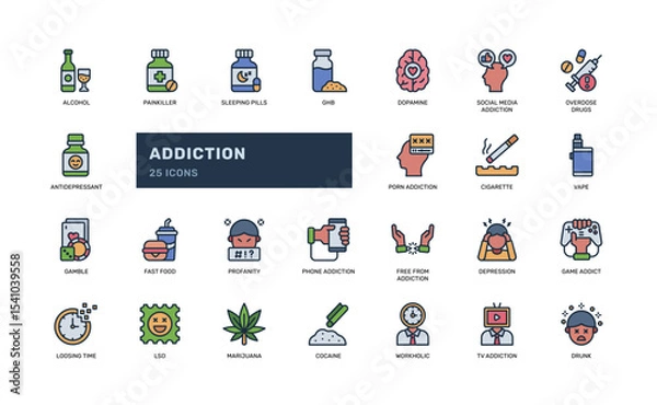 Obraz Addiction Icon Set with Substance and Behavior Symbols
