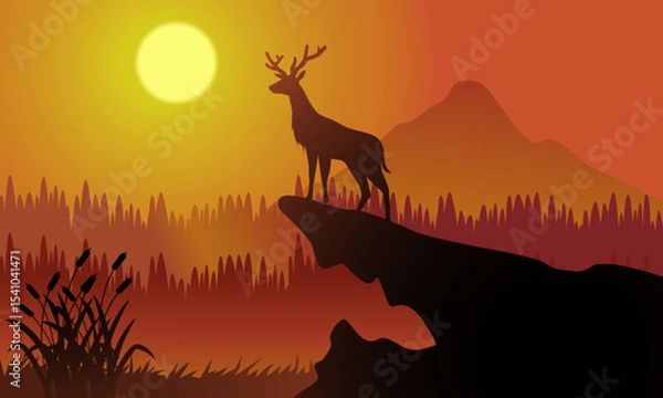 Fototapeta Deer with nature and mountains background with sunset, Vector Illustration