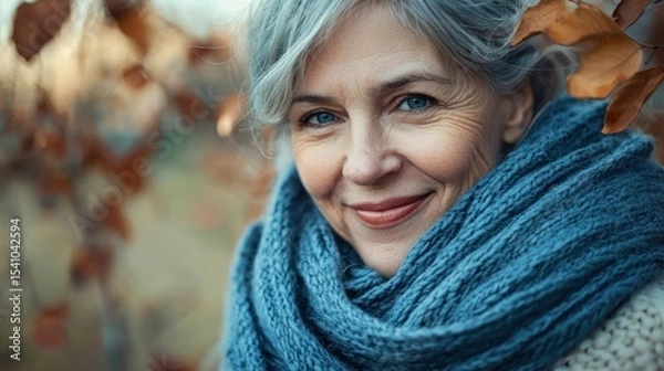 Obraz Muted blue scarf around an elderly woman smiling after self-care--trustworthy and gentle, for use in pharmacy ads