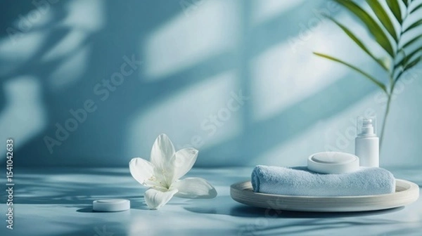 Obraz Muted blue theme with skincare pads and serene light targeting web designers and corporate decks