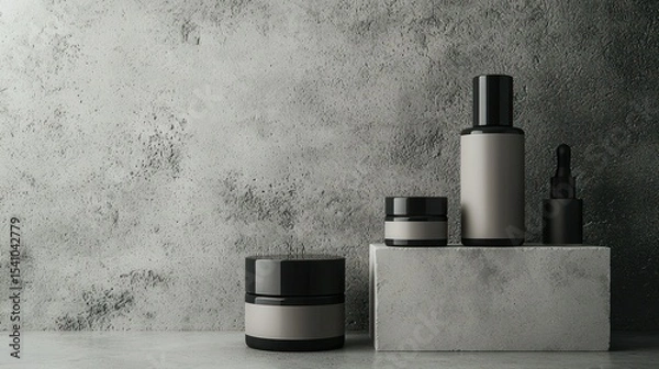 Obraz Skincare packaging in soft gray on concrete, creating a bold and formal vibe useful for corporate marketing and design studios