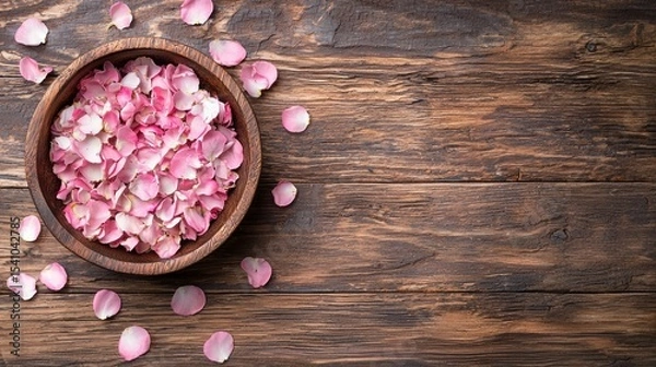 Obraz Soft pink petals and brown wood textures in a self-care setup for nurses after a long shift, relaxed and elegant--great for website designers
