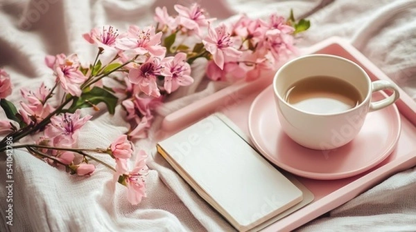 Obraz Soft pink flower-themed self-care tray next to elderly personâ€™s book--gentle and optimistic, made for publishers