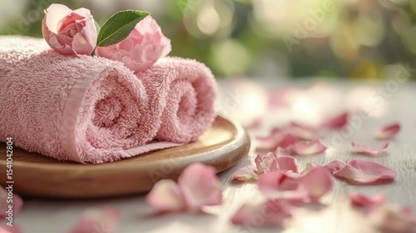 Obraz Soft pink towel and rose-tinted oils as a nurse unwinds in a quiet moment--suits social media managers creating gentle wellness content
