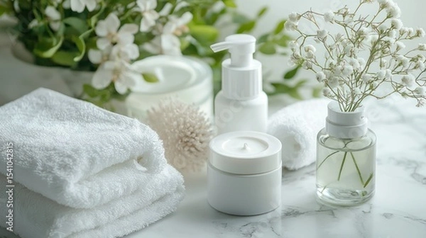 Obraz Soft white skincare set with a peaceful mood and fresh towels designed for social media managers and online retailers