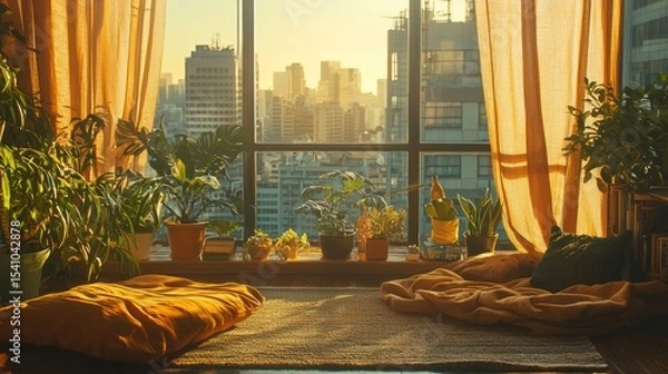 Obraz The environment includes potted plants, cozy throws, and a view of a calm cityscape, using warm browns, yellows, and green hues
