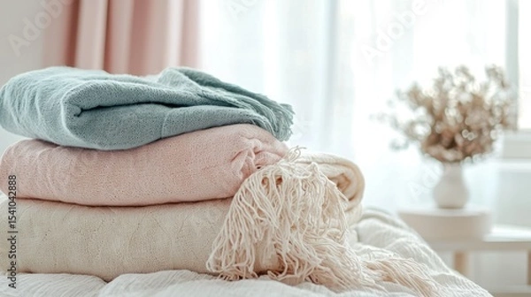 Obraz The scene features soft blankets, natural light, and a palette of soft pinks, muted blues, and whites