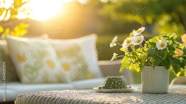 Obraz The setting is sunlit with colors of soft green, muted yellow, and creamy white
