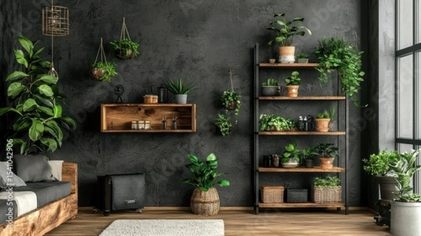 Obraz The space includes muted gray walls, indoor plants, and warm wooden elements