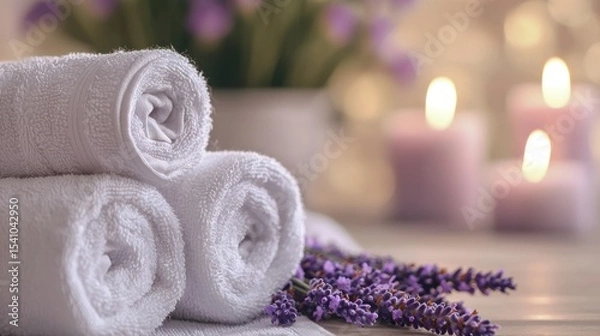 Obraz White towels and lavender candles during a nurse's self-massage session, peaceful and refined--for design studios