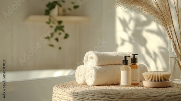 Obraz A beige robe spa day with body oils and minimalist design, where a woman does dry brushing--serene and dynamic, ideal for e-commerce product shoots