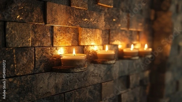 Obraz A brown stone wall where a man lights candles for meditation, relaxed and dynamic, perfect for content creators
