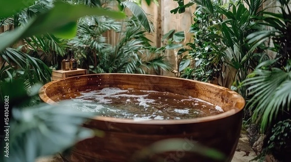 Obraz A brown wooden bathtub surrounded by plants with a man enjoying a natural soak, calm and trustworthy, great for design studios
