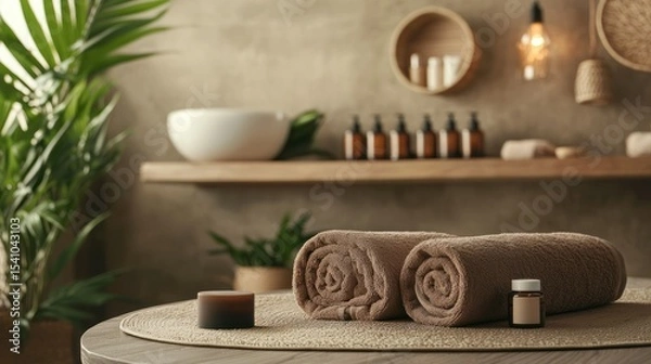 Obraz A brown-themed modern spa setup with wood accents, where a woman rolls a facial massager, capturing a formal and peaceful tone, ideal for online skincare retailers