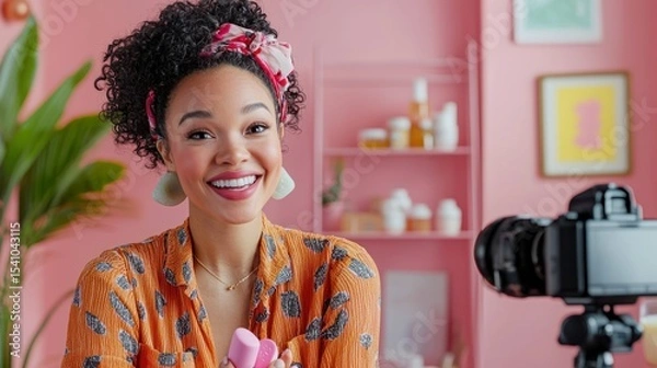 Obraz A content creator in a soft pink studio shoots a tutorial with playful self-care props like jade rollers and vitamin gummies, radiating cheerful and vibrant energy