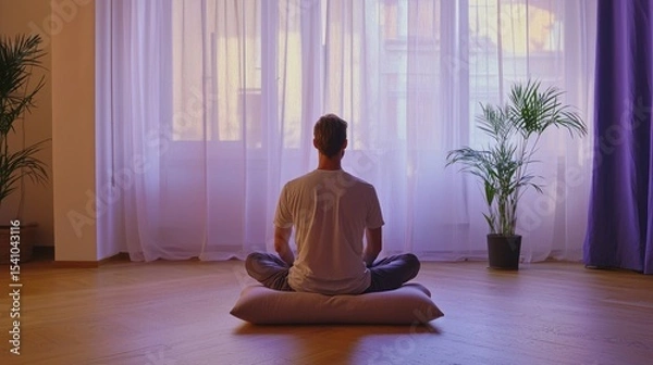 Obraz A calm lavender room, with a man seated cross-legged on a cushion, immersed in a mindfulness session, appealing to educators and institutions