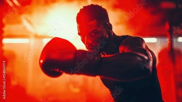 Obraz A dynamic gym scene with vibrant red tones, showing a man boxing with focus and energy, great for ad agencies advertising high-intensity wellness