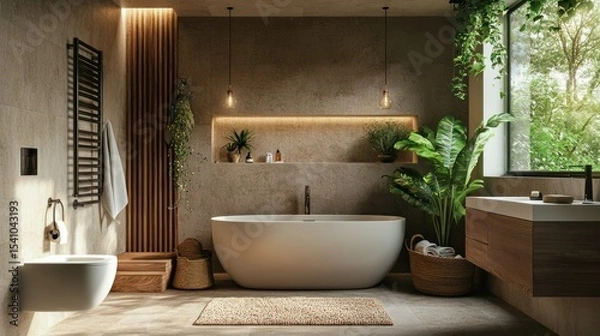 Obraz A family bathroom in brown earth tones where a father enjoys a moment alone, trustworthy and calm, for educators