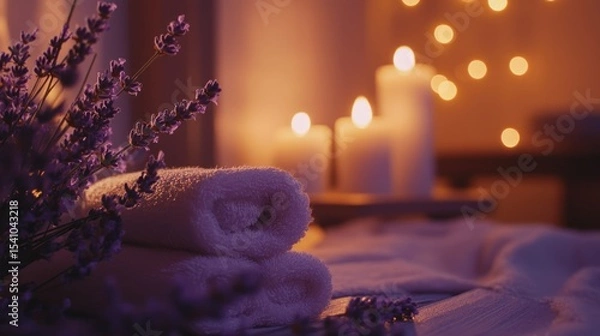 Obraz A film production set includes close-up shots of calming self-care items used as icons in a romantic scene, with soft lavender and candlelight for emotional depth