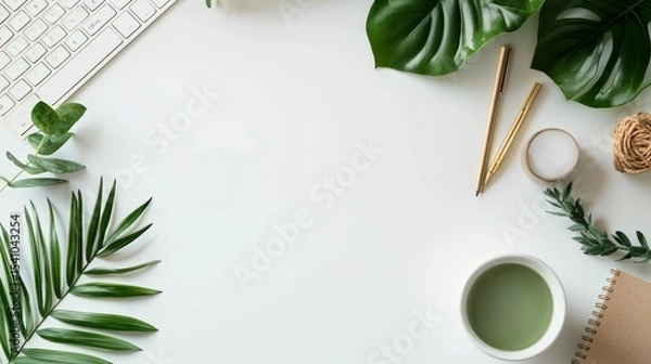 Obraz A green and white space where a woman writes affirmations for a wellness website banner, suited for website designers